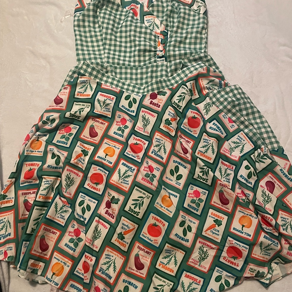 Unique Vintage Green Gingham Halter Romper with Fruit Print Trim - Picture 4 of 6